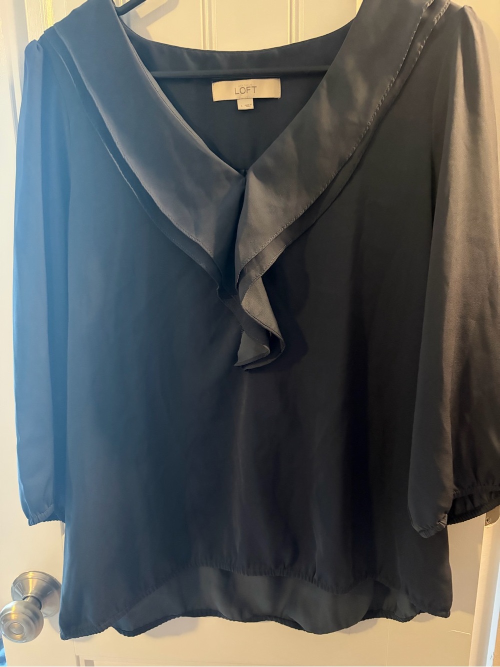 LOFT Black Ruffle V-Neck Sheer Blouse